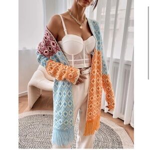 Boho Aztec Print Fringe Hem Long Cardigan